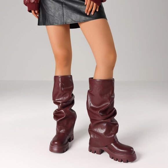 Women's Burgundy Fold Over Boots Slouchy Boots Wide Calf Pleated Platform Boots - Picture 5 of 7